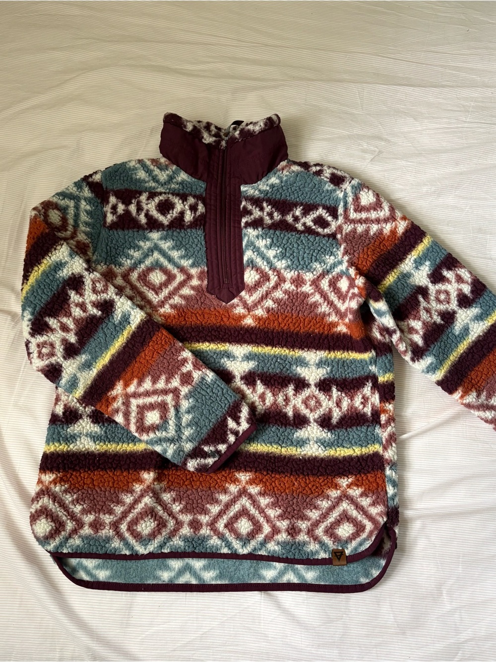 Cozy Tribal Sherpa Pullover Sweater - Burgundy Multi